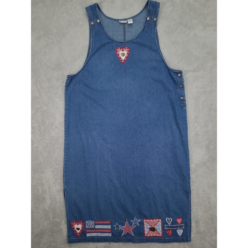 Vintage Sun River Blue Denim Dress Sz 1X Embroidered USA‎ Theme Flags Stars